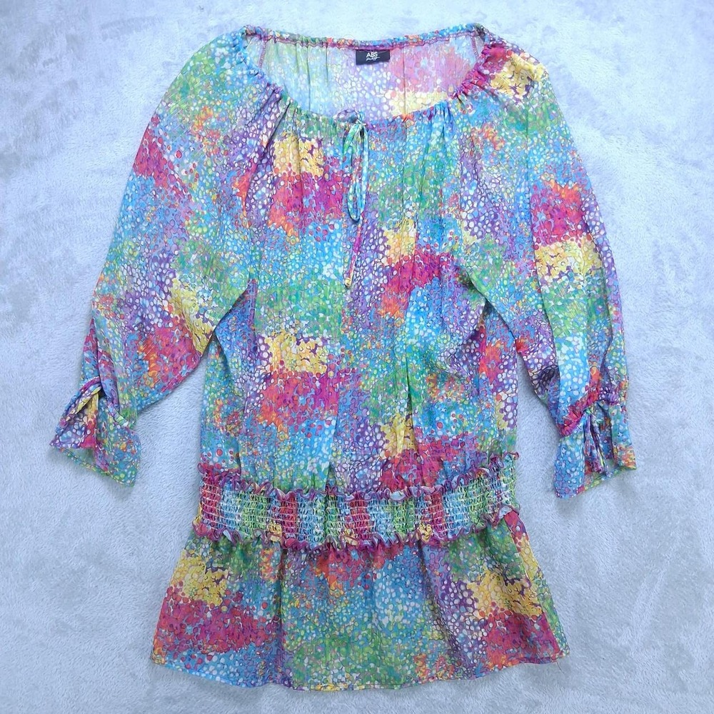 ABS Women Multicolor Sheer Blouse Smocked Waist Bell Sleeve Boho Y2K Top